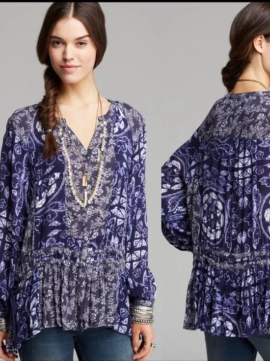 FREE PEOPLE Boho Indigo Ratio Print Tunic