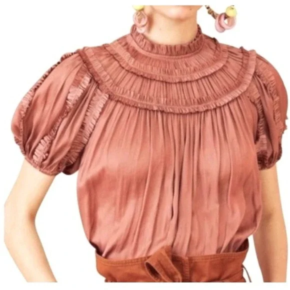 Ulla Johnson Aimee Pleated Blouse Terracotta Rose Ruffle Puff Sleeve Top Size 8