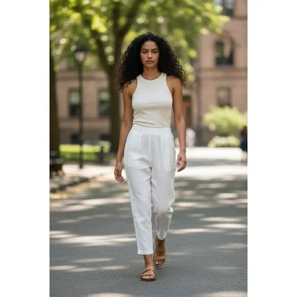 BABATON Size 8 White Cohen Linen Blend Crop Pleated Front & Elastic Pants NWOT