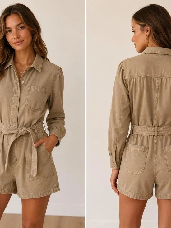 Utility Tie-Waist Romper in Khaki