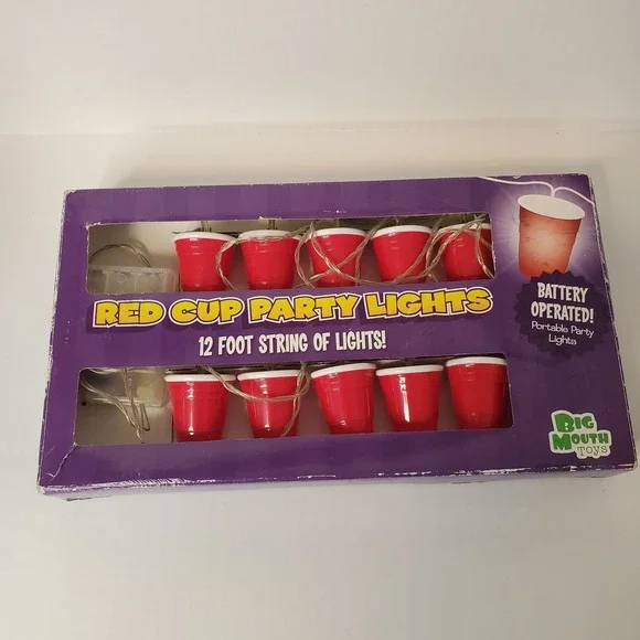 Red Party Cup Battery Operated Indoor Outdoor String Lights 12 Cups 12 Ft. - NEW