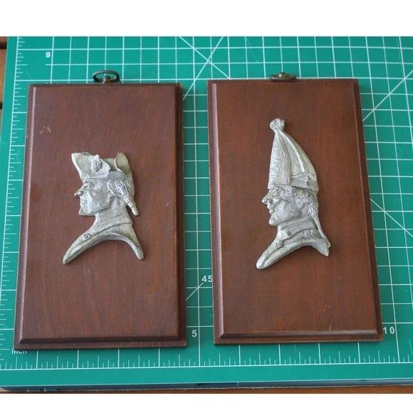 Hessian Revolutionary War Soldier Pewter Relief Wood Wall Plaques
