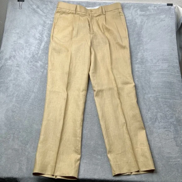 Prestige Original Mens Tan Linen Pants Pleated‎ Straight Leg Trousers 38x32