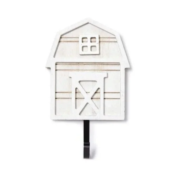 Farmhouse White Wood Barn Wall Hanger Metal Hook Country Rustic Storage NEW