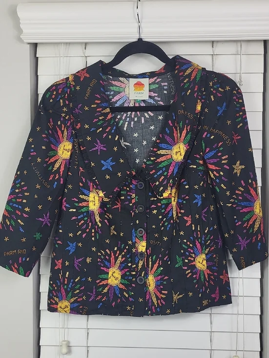 FARM Rio Rainbow Sun Blouse with Colorful Starburst blouse, 3/4 sleeve. Size XS