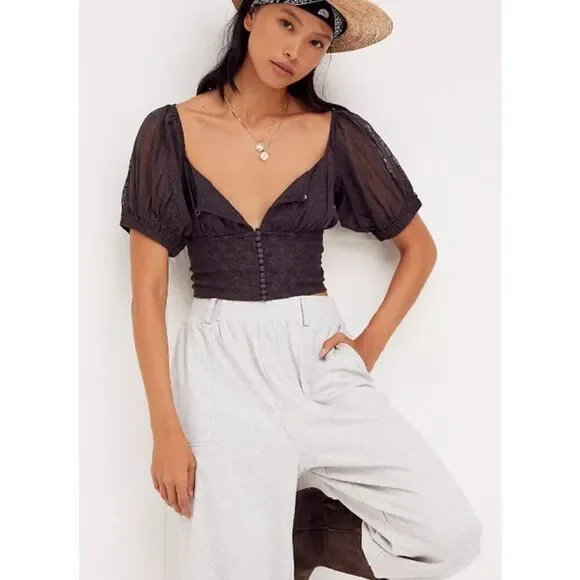 Free People Heartstrings‎ Top Women's XS Gray Mesh Puff Sleeve Button Semi Sheer