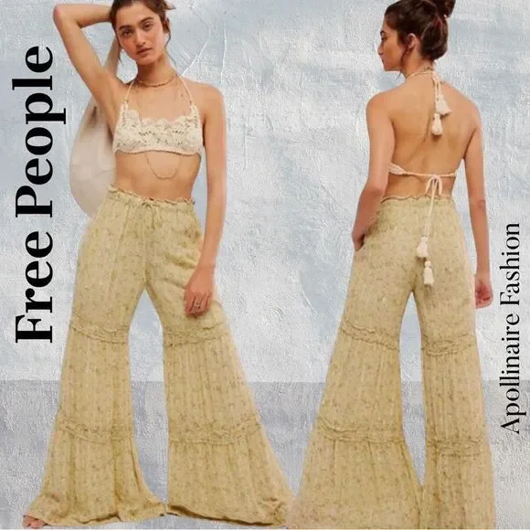FREE PEOPLE EMMALINE TIERED PULLON FLARED PANTS IN SAGE COMBO NWT