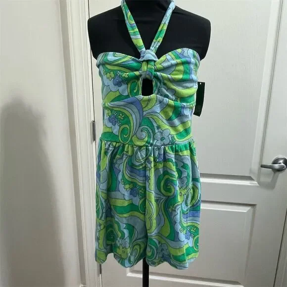 NWT Wild Fable Women's Blue Swirl Terry Cloth Halter Romper Standard Size