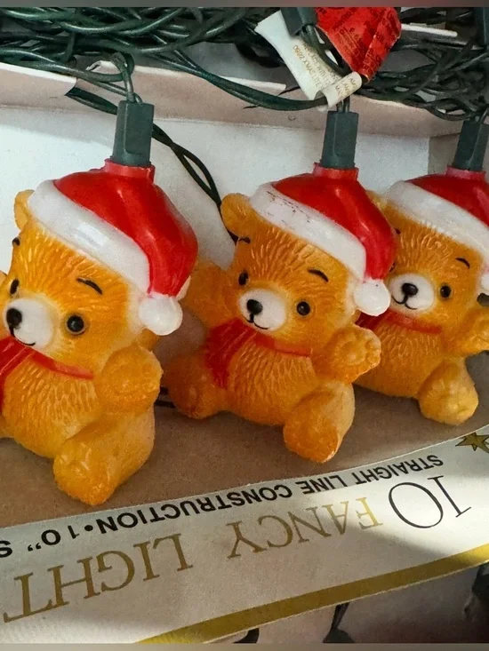 Vintage Teddy Bear Christmas String Lights 10 Light Set Tested Working w/ Box