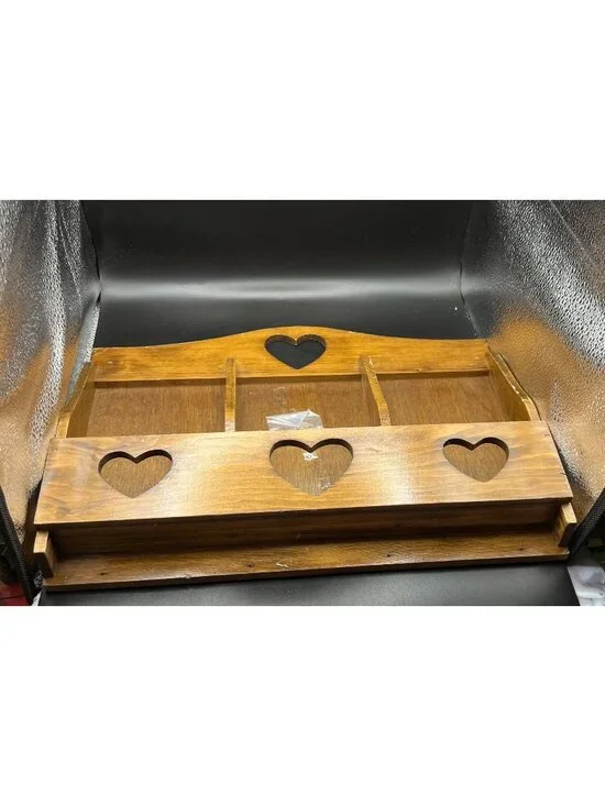Handmade VTG Wooden Wall Shelf Heart Cutouts Compartments Key Hooks Farmhouse Ru
