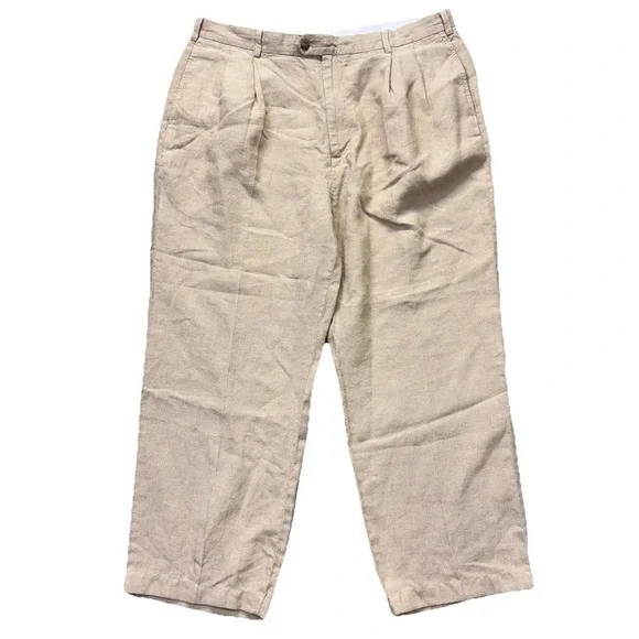 Jos A Bank Linen Pants Mens 40x29 Khaki Pleated Casual Costal Lightweight Chino