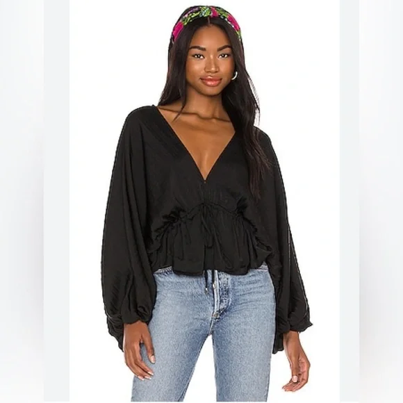 Free People Black Puff Sleeve Ruched Blouse
