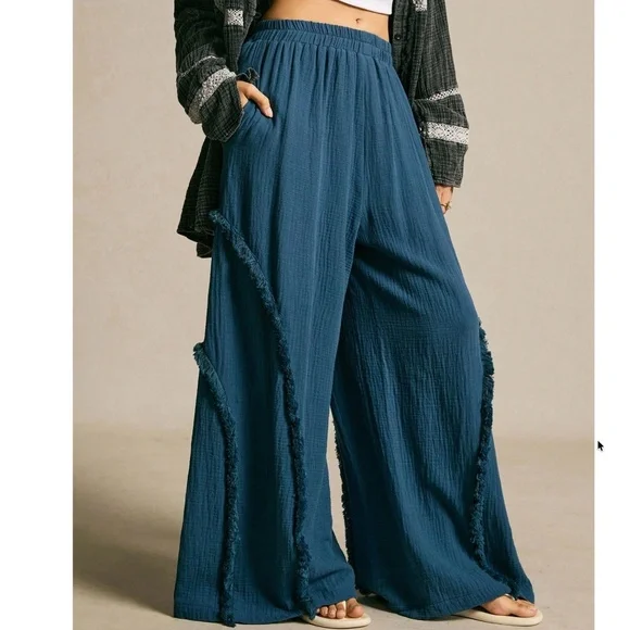 Solid Blue Frayed Detail Stretchy Waist Wide leg Pants