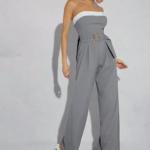 Grey Preppy Womens Pinstriped Tube Belted Jumpsuit