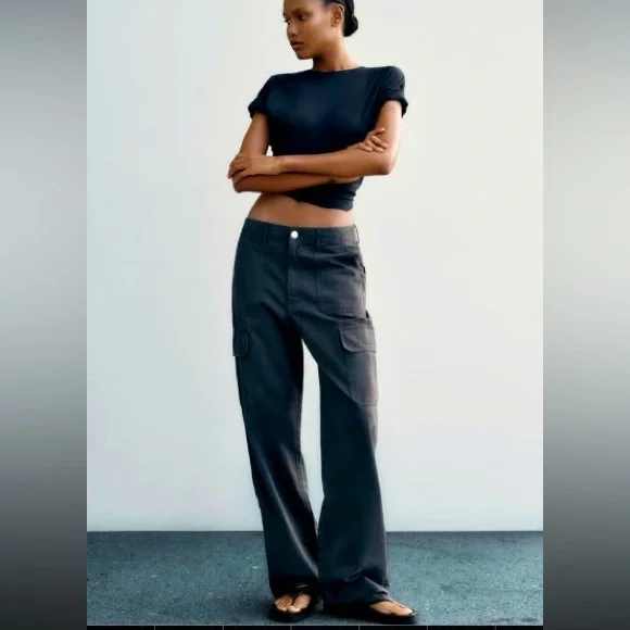 Zara Women's Cargo Straight‎ Leg Pants in Ink Blue