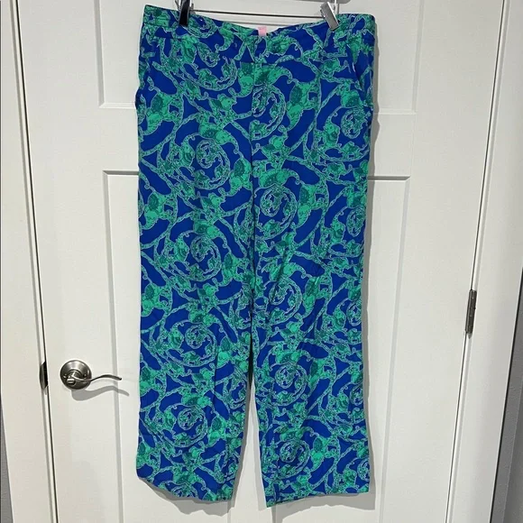Lily Pulitzer Get Trunky Blue Green Rayon Resort Pant Sz L