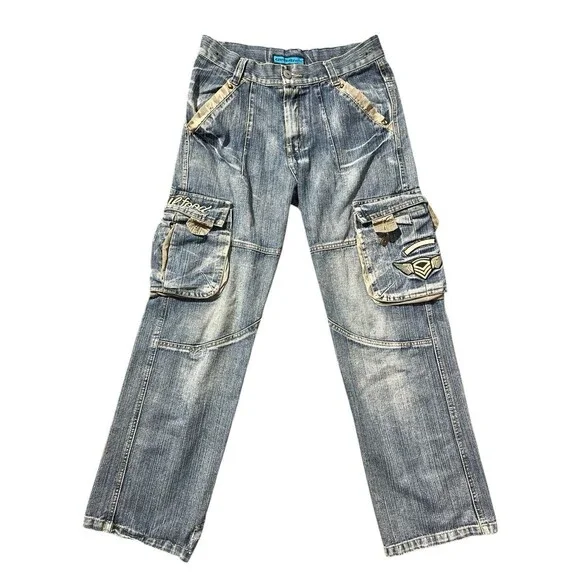 Y2K Gems Baby Spell Out Cargo Jeans hip hop Sz 16 Women’s Sz S