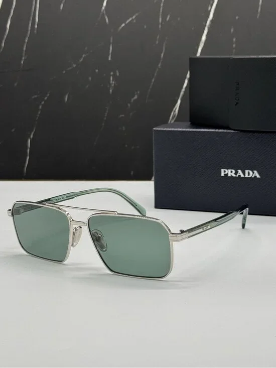 Prada PRA57S 1BC10G Unisex Square Silver Green Sunglasses Authentic NEW