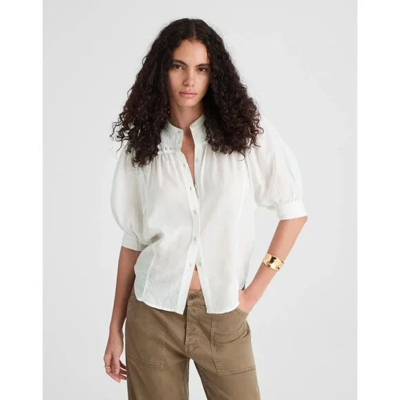 Madewell Sz 0 Puff Sleeve Band Collar Shirt White Button Front Embroidered NWT