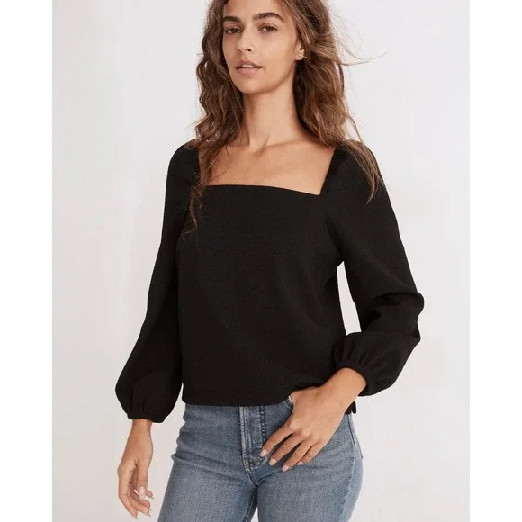 Madewell Crepe Square-Neck Puff-Sleeve Top Black Long Sleeve Romantic‎ Womens XS