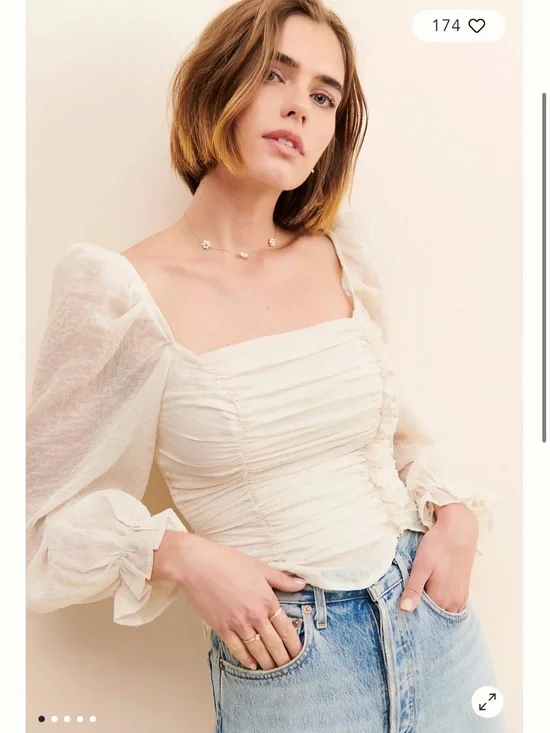 Astr Cream Ruched Square-Neck Puff-Sleeve Blouse