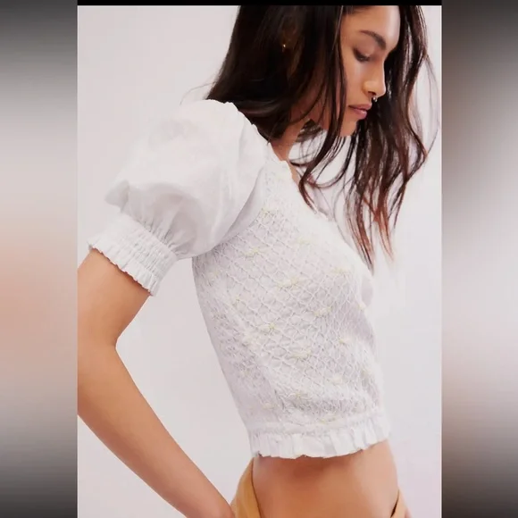 NWT Free People Cecilia Puffy Sleeve Smocked Embroidered Rosette Top Size XS