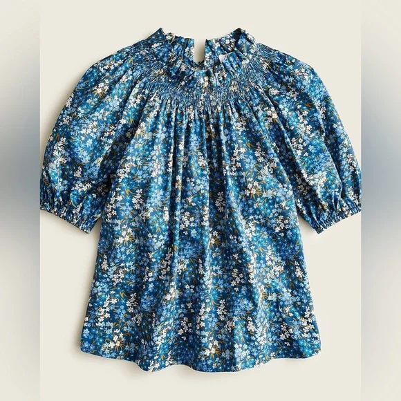 J. Crew Liberty London Floral Smocked Neck Puff Sleeve Sea Blossoms Blouse Top