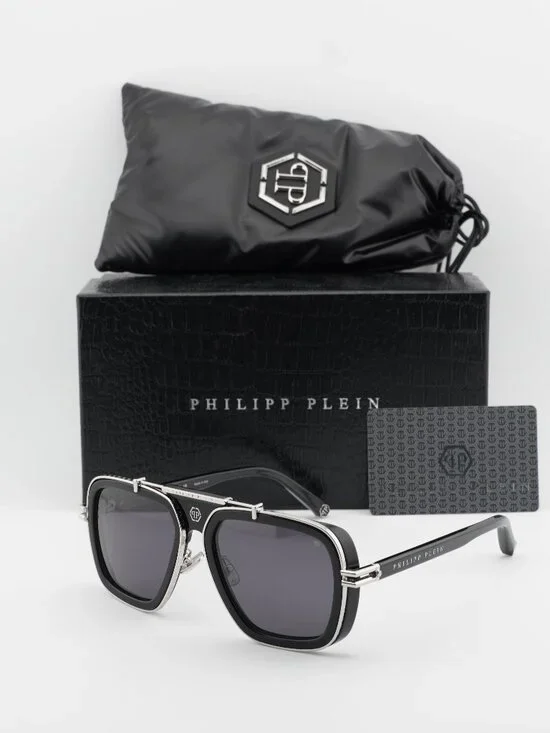Philipp Plein SPP109M 0700 Aviator Sunglasses – Shiny Black/Grey