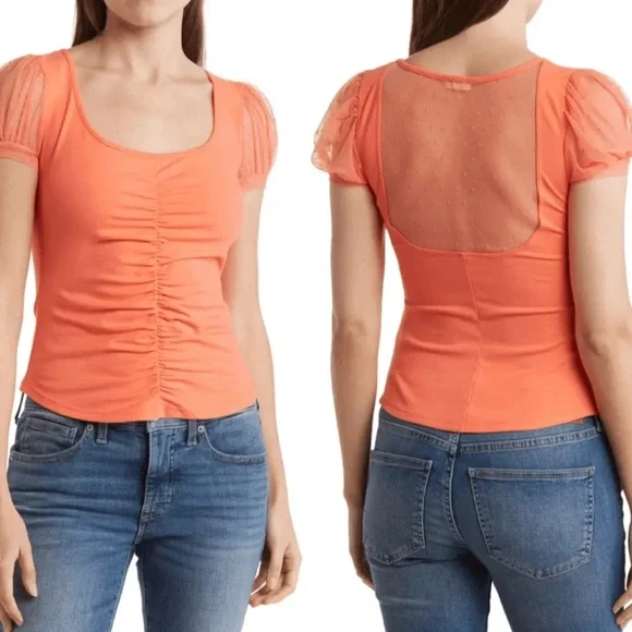 Sz L Free People Coral Puff Sleeve Blush Up Blouse NWOT $40 MSRP