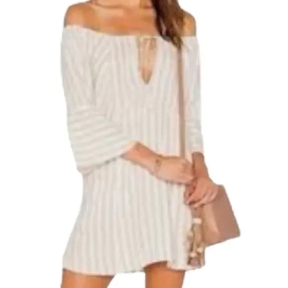 Free People Tan and White Stripe Folk Town Linen Blend Mini Dress Size S