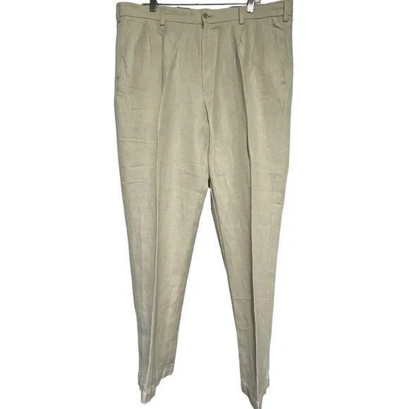 Caribbean Mens Linen Cotton Pleated Dress Pants Tan Beige 38x30 Straight Leg