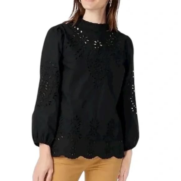 J. Crew Black Embroidered Eyelet Cotton Poplin Ruffle Mockneck Blouse - M