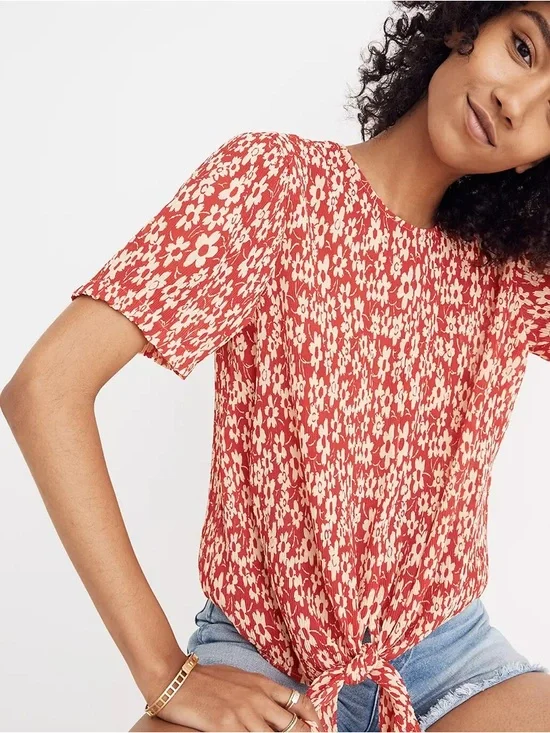 Madewell Crinkled Button-Back Tie Tee in Full‎ Bloom Floral Print Women’s XS