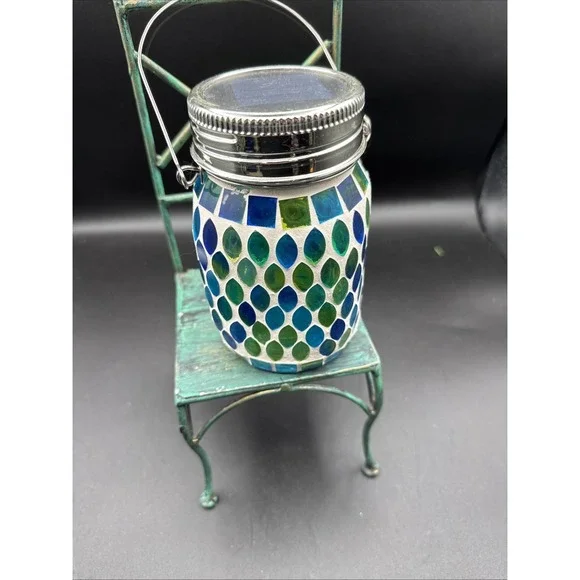 Solar Powered LED Light  Mason Glass Jar Mosaic Green Blue Coastal Cottagecore