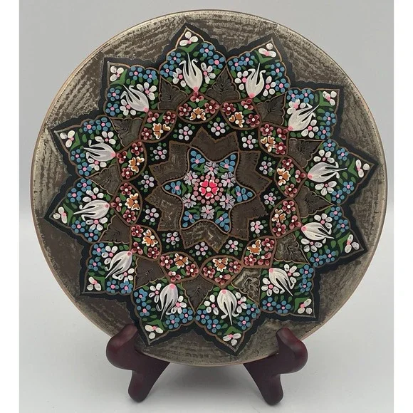 Vintage Turkish Etched Copper Wall Plate Hand-painted Enamel Hanging 7.5
