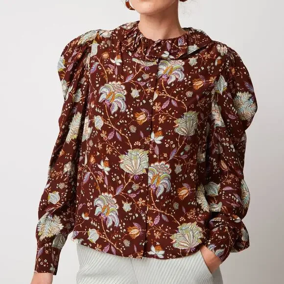 Ulla Johnson Blouse‎ Dara Floral Ruffle Neck Long Puff Sleeve Top Red Size 8
