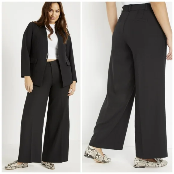 ELLOQUI Wide Leg Venice Crepe Trouser Black Plus Size 22