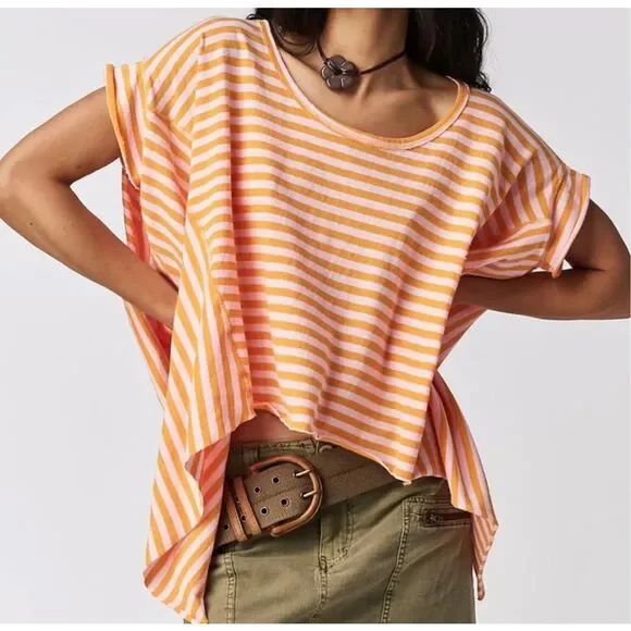Free People X We The Free Angel Striped Tee pink orange size XS NEW