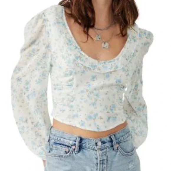 Free People Ivory Combo Floral Puff Sleeve Crop Blouse NWT Large Cottagecore