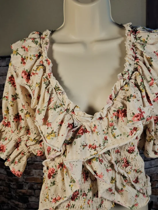 Free People Floral Smocked Ruffle Top Cottagecore Puff Sleeve Blouse Large