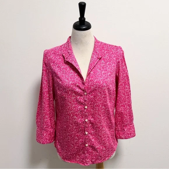 Lilly Pulitzer Pink Ivory Floral High V Neck Collar Button Up 3/4 Sleeve Blouse
