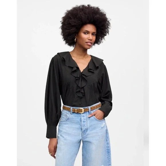 Madewell Black Ruffle Front Pintuck Long Sleeve Button Up Blouse XS