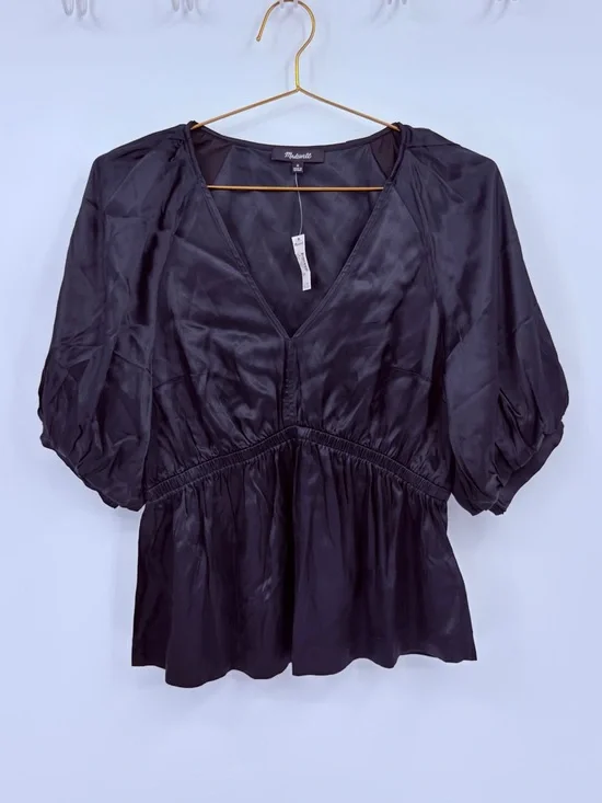 Madewell Black Silk Blend Peplum Blouse Puff Sleeve V Neck Top Medium