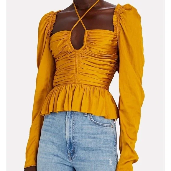Ulla‎ Johnson Mirelle Plissé Satin Peplum Blouse Womens 0 Goldenrod Boho Ruched