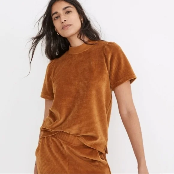 Madewell‎ Velour Corduroy Mockneck Top Short Puff Sleeves Size S