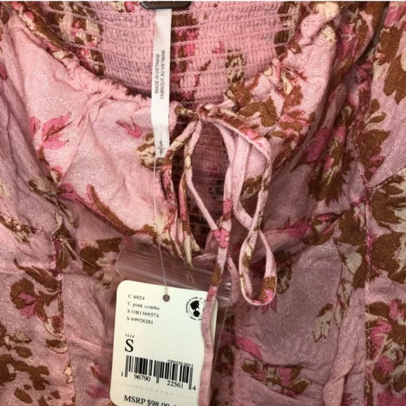 Free People Hilary Top Small Boho Long Sleeve Peasant Blouse Floral Pink Hillary
