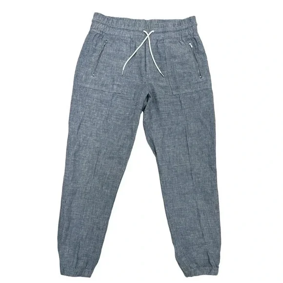 Athleta Linen Cabo Jogger Pants Blue Chambray Travel Beach Outdoor Size 12