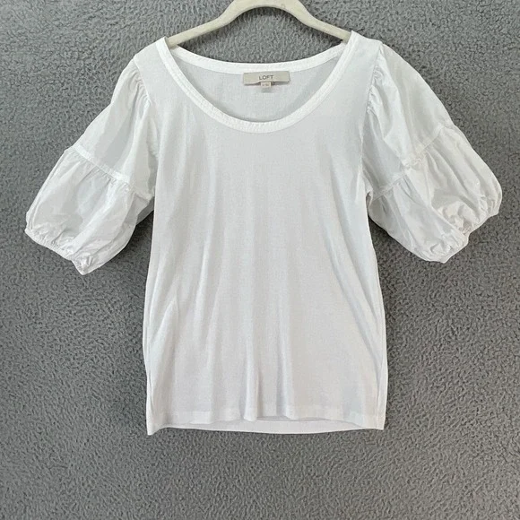LOFT Puff Sleeve Top Womens Medium White Excellent Ribbed Mixed Media Scoop Neck