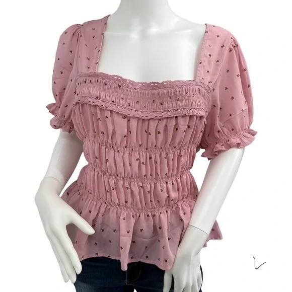 FREE PEOPLE New‎ Large Adore You Blouse Smocked Peplum Pink Floral Cottagecore