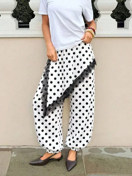 White Casual Women's Polka Dot Lace Elastic Waist Pants